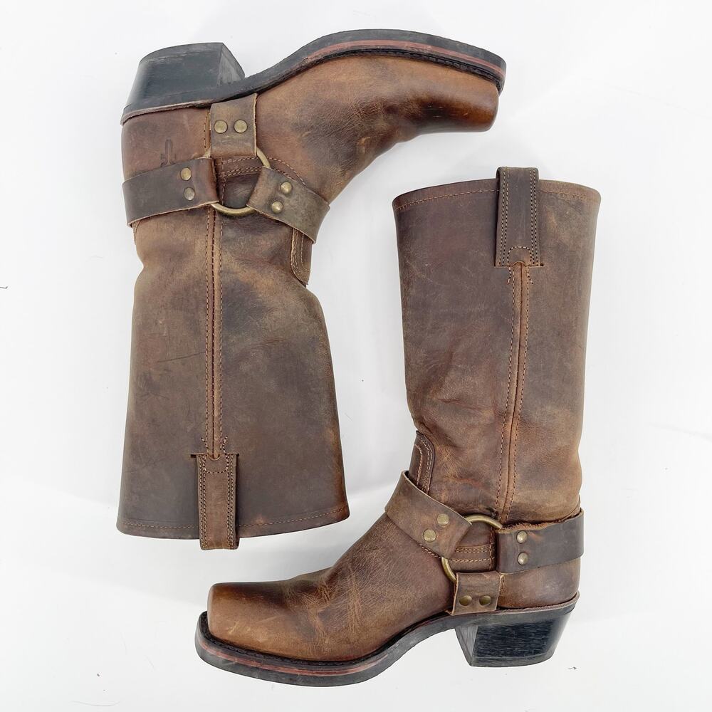 Frye Brown Leather Harness Heeled Boots - Picture 4 of 12